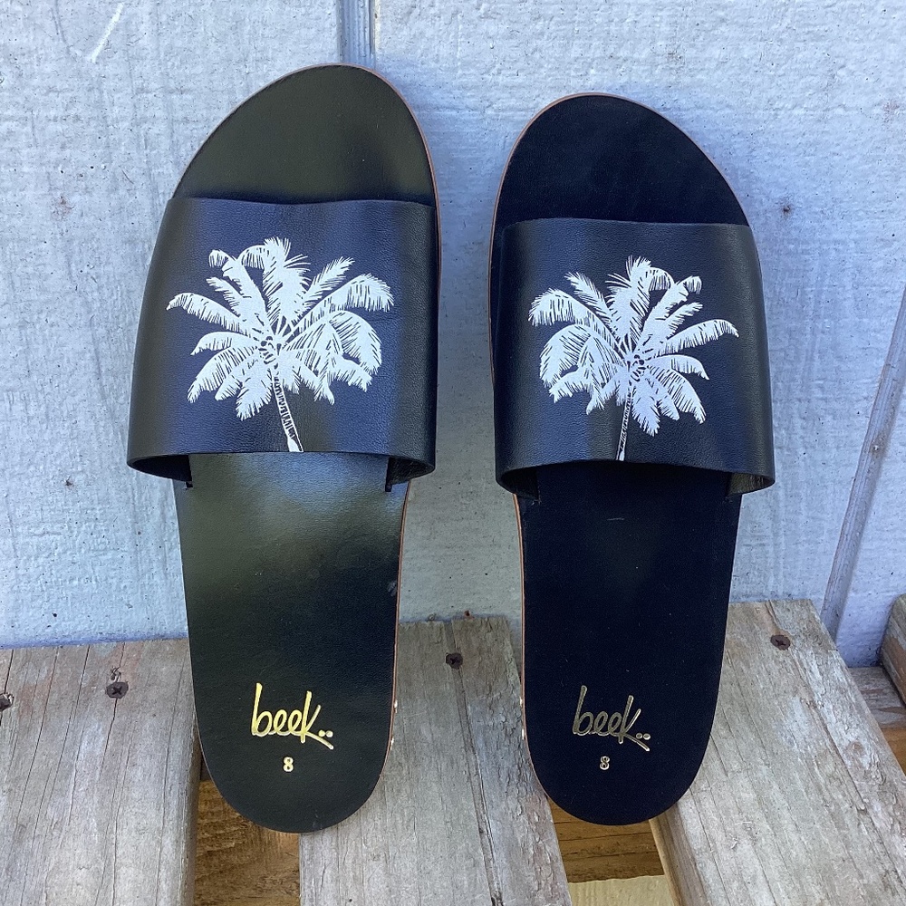 NEW Beek Anthropologie flat slide SANDALS black leather Mockingbird Palm